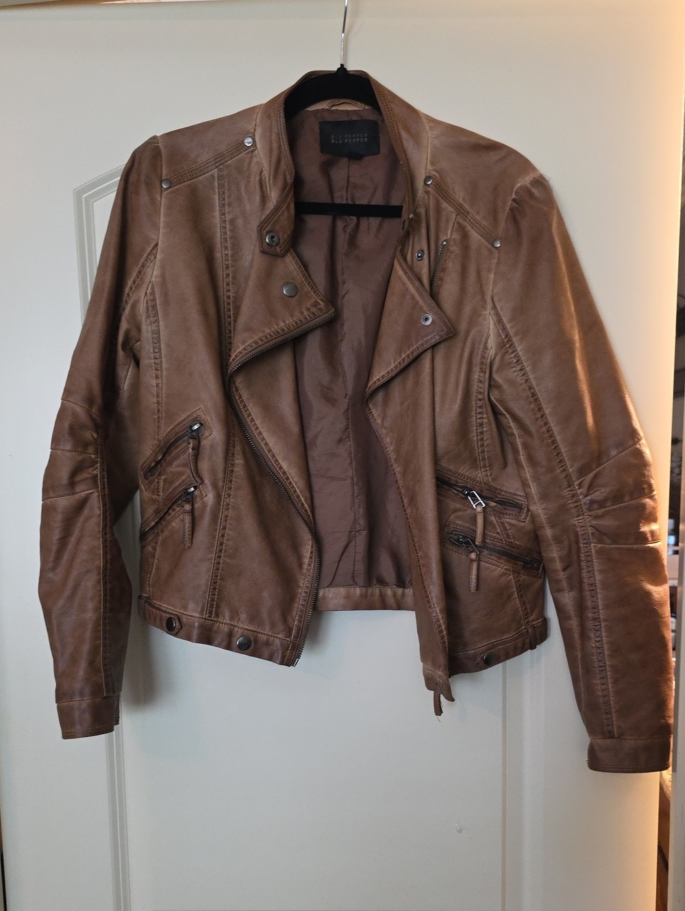 Blu Pepper Cognac Brown Faux Leather Moto Jacket